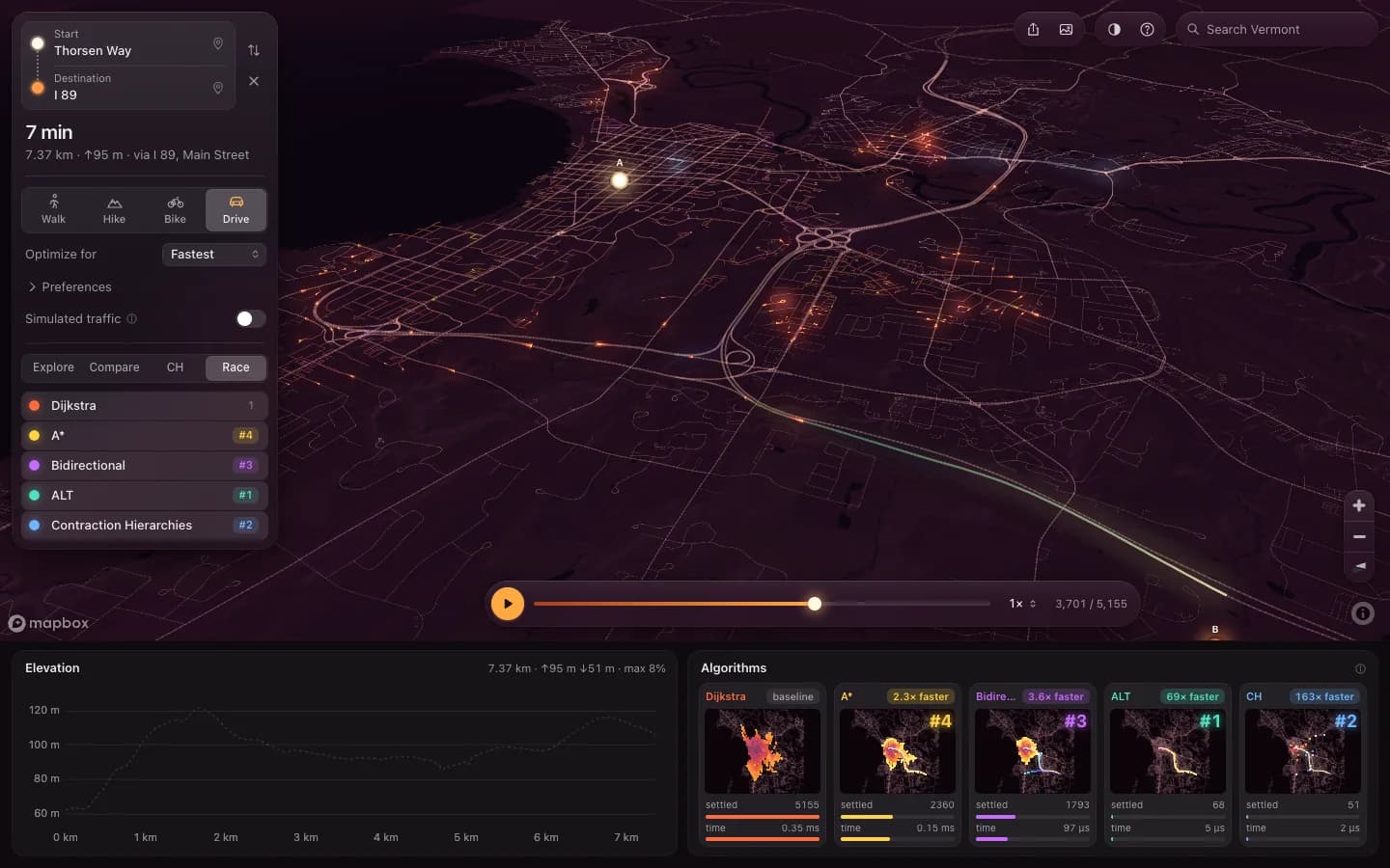 Race mode: five searches exploring Burlington at once, each in its own colour, with per-algorithm cards below