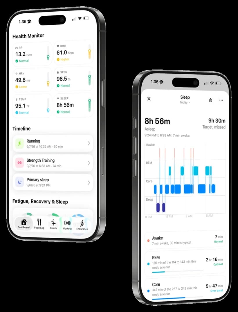 The base. health monitor showing six banded signals, beside a sleep chart with REM, core and deep stages