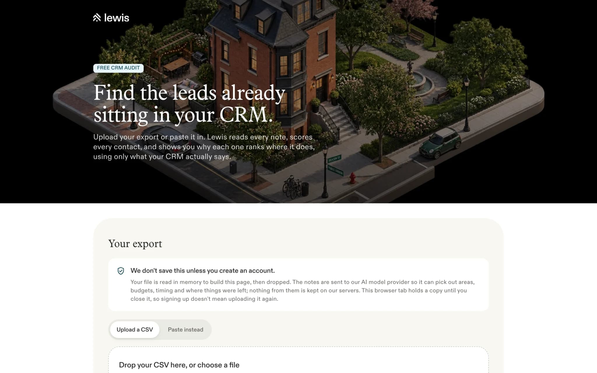 The Lewis CRM audit page: find the leads already sitting in your CRM, with an upload box and a note saying nothing is saved without an account