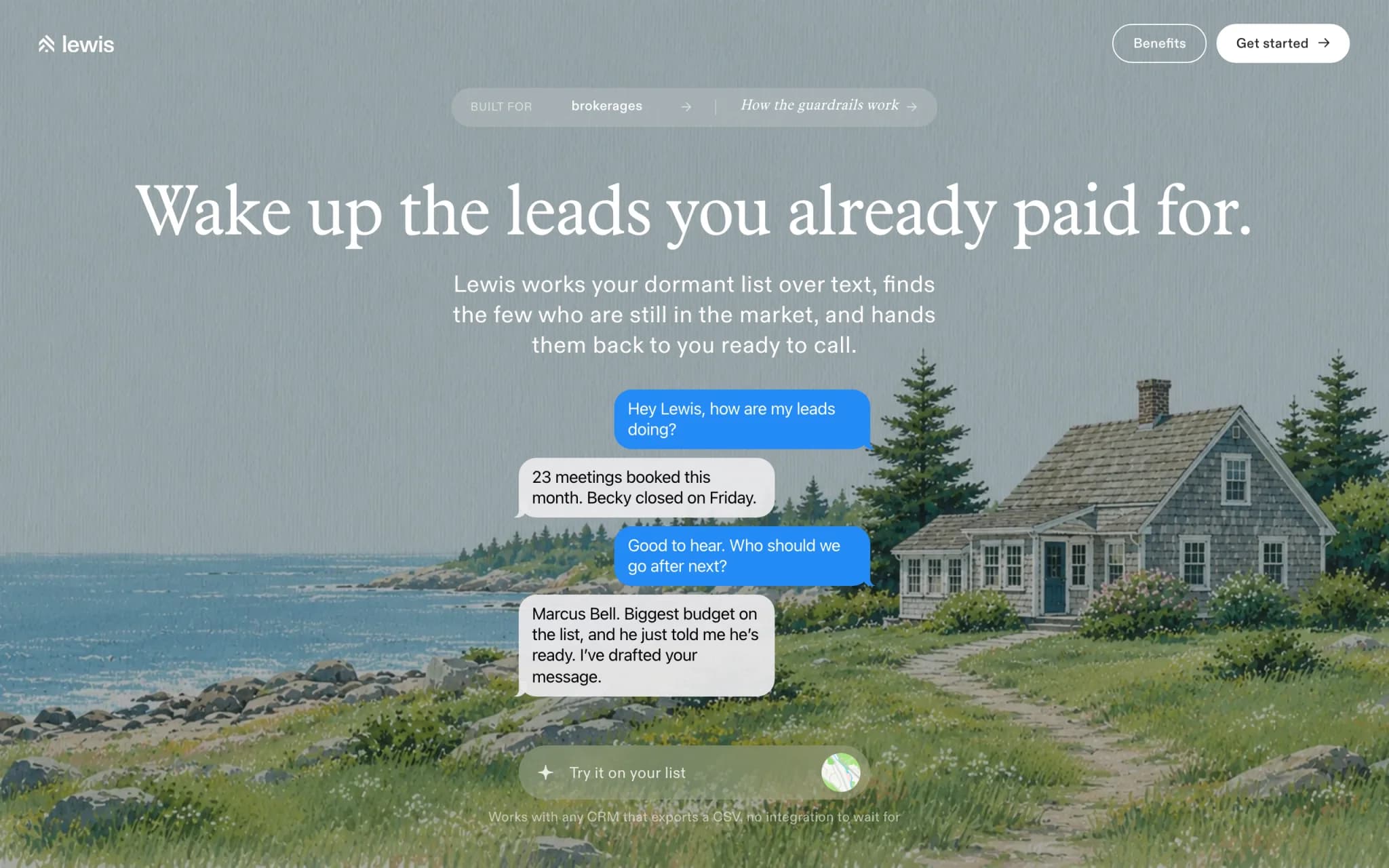 The Lewis home page, with an iMessage thread between an agent and Lewis over a coastal painting