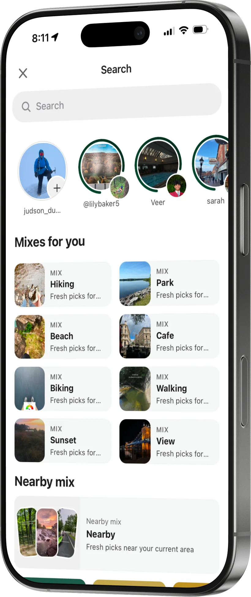 The Locava search screen with curated mixes for hiking, park, beach and cafe