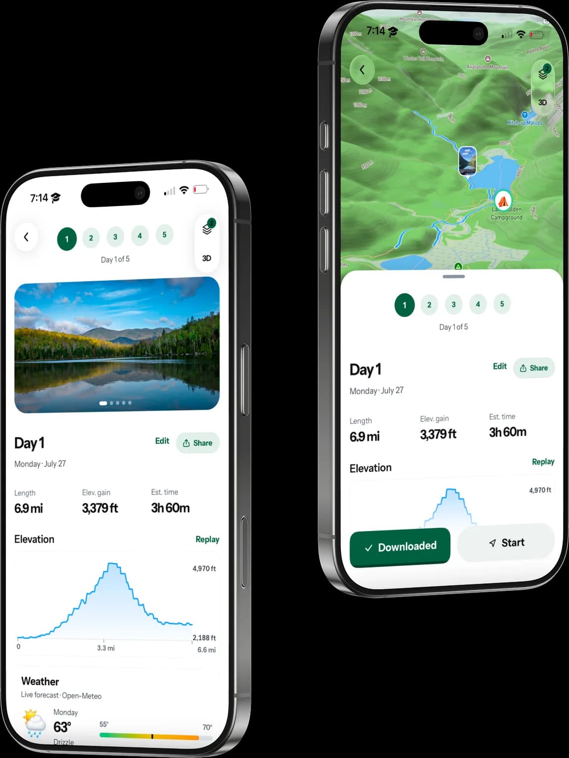 Two iPhones showing a RidgeSync day plan and its 3D route map