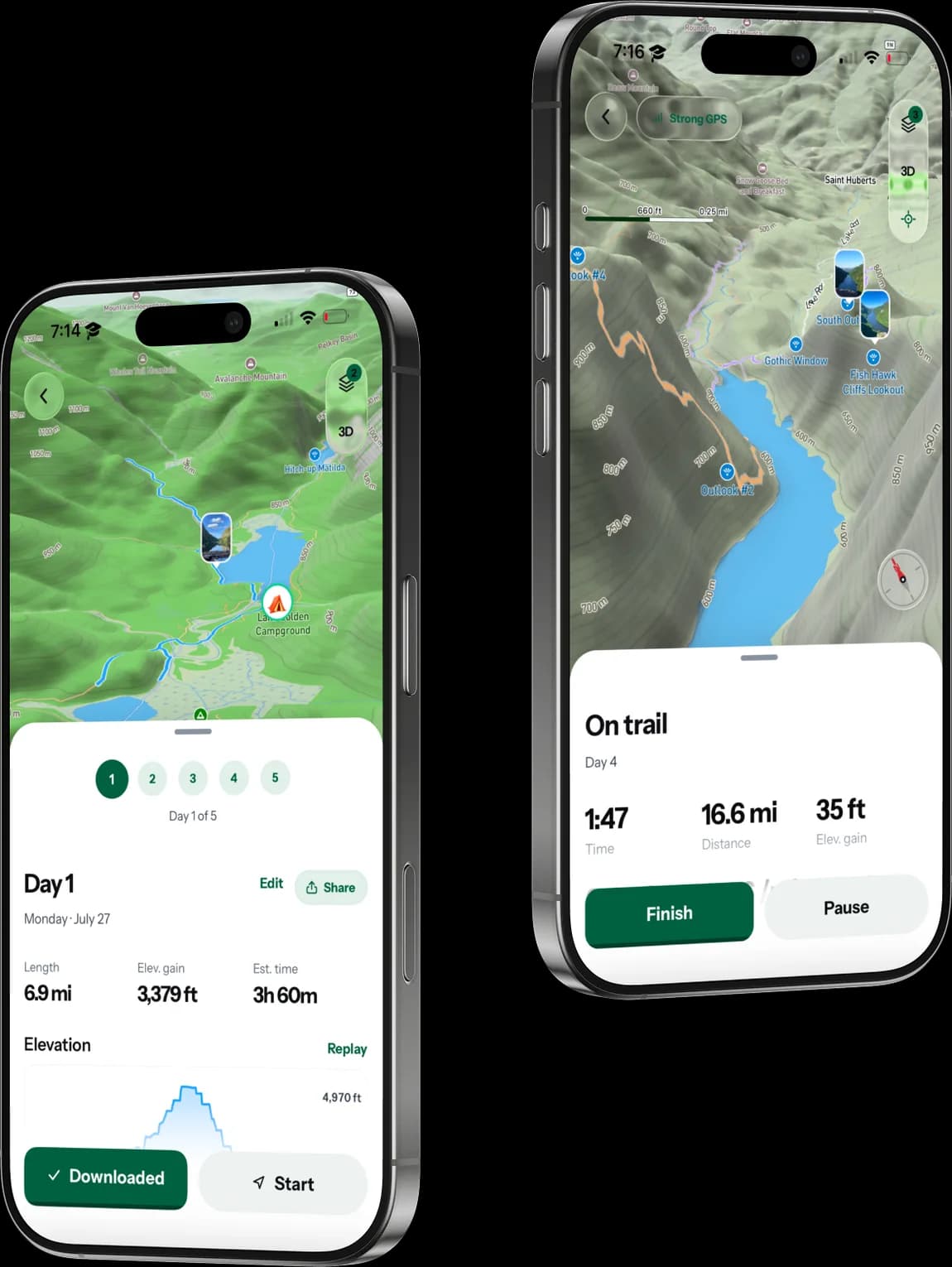 The RidgeSync on-trail screen with live pace and distance beside a satellite terrain map