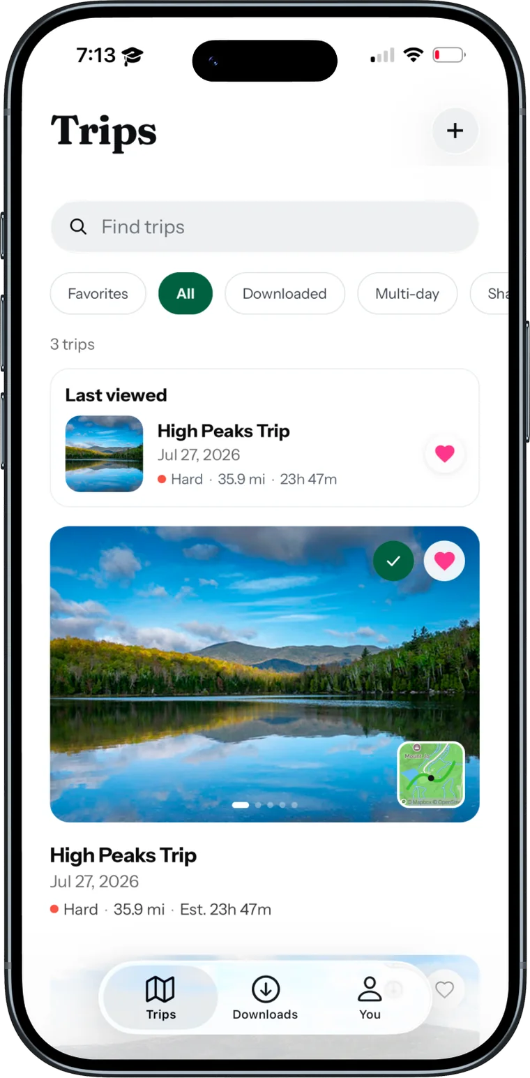 The RidgeSync trips screen with search, filter chips and a trip card for the High Peaks Trip