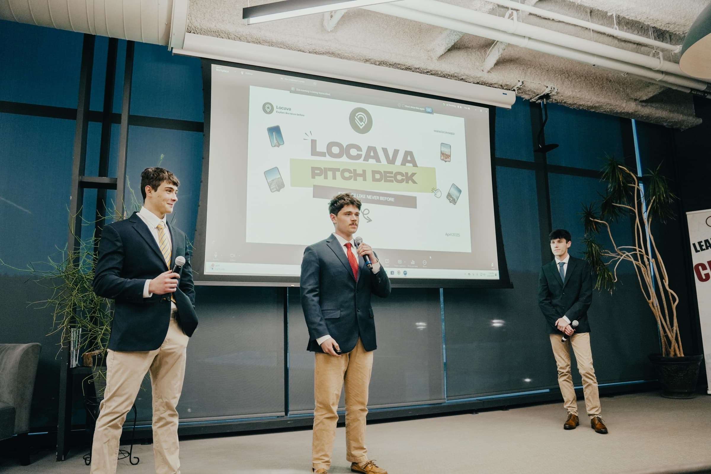Judson Dunne with Will Gottfried and Ethan Melgar on stage at the Lafayette Big Idea Pitch Competition